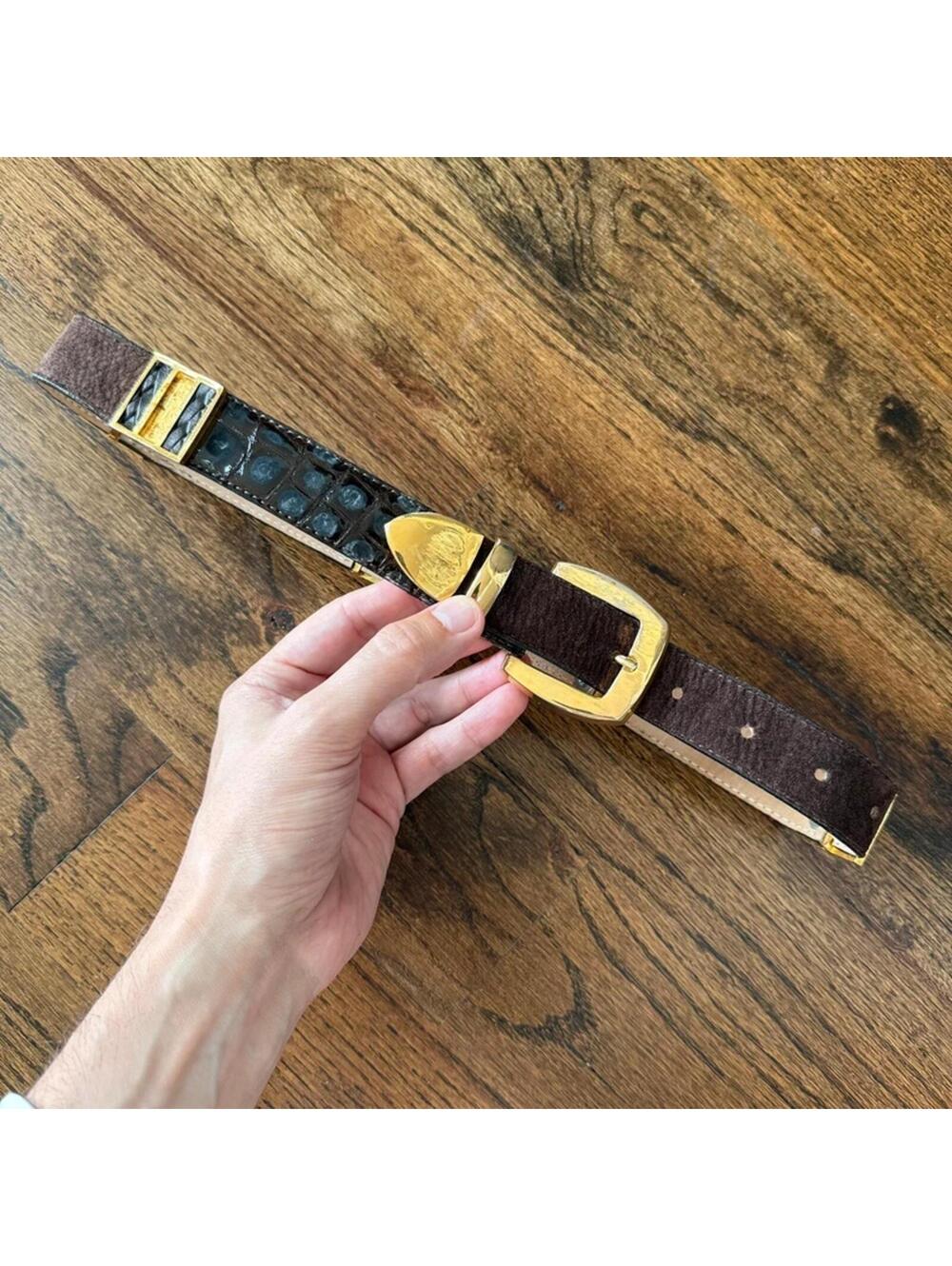 Vintage Cache Croc Embossed Leather Belt Gold Hardware Size S